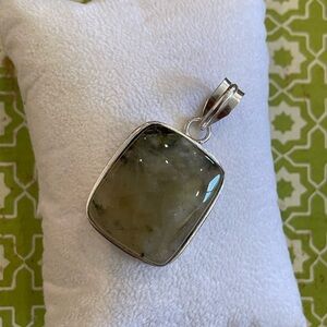 Natural Prehnite Square Pendant – Green And Black - Silver Plated - Brand New